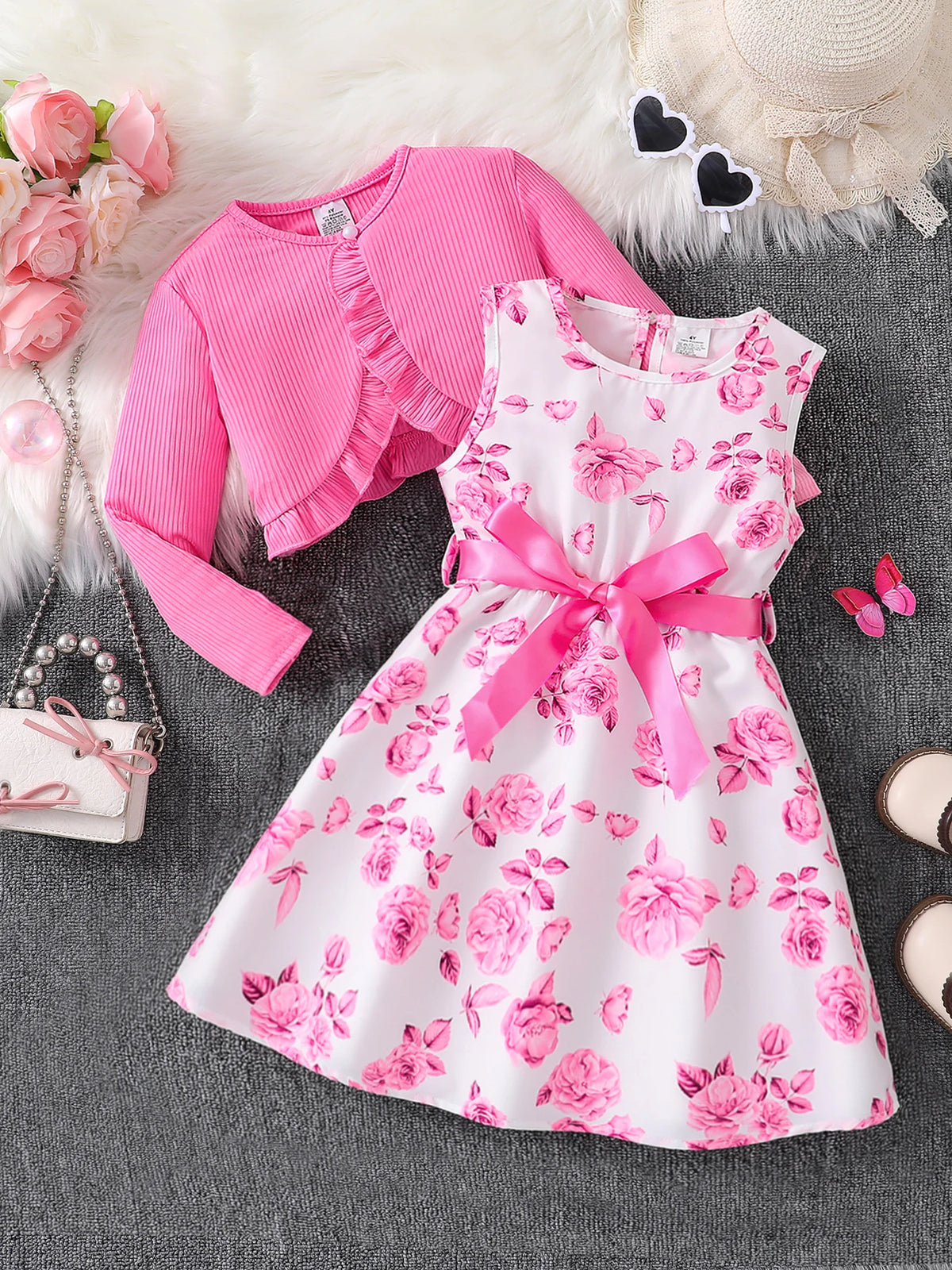 Ensemble fille rose haut et jupe fleurie – CLEVI Paris
