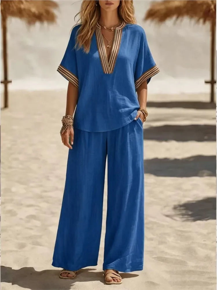 Ensemble femme col V et pantalon ample – CLEVI Paris