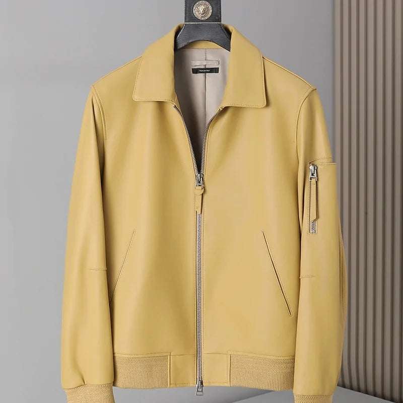 Veste homme en cuir à col rabattu zippée – CLEVI Paris