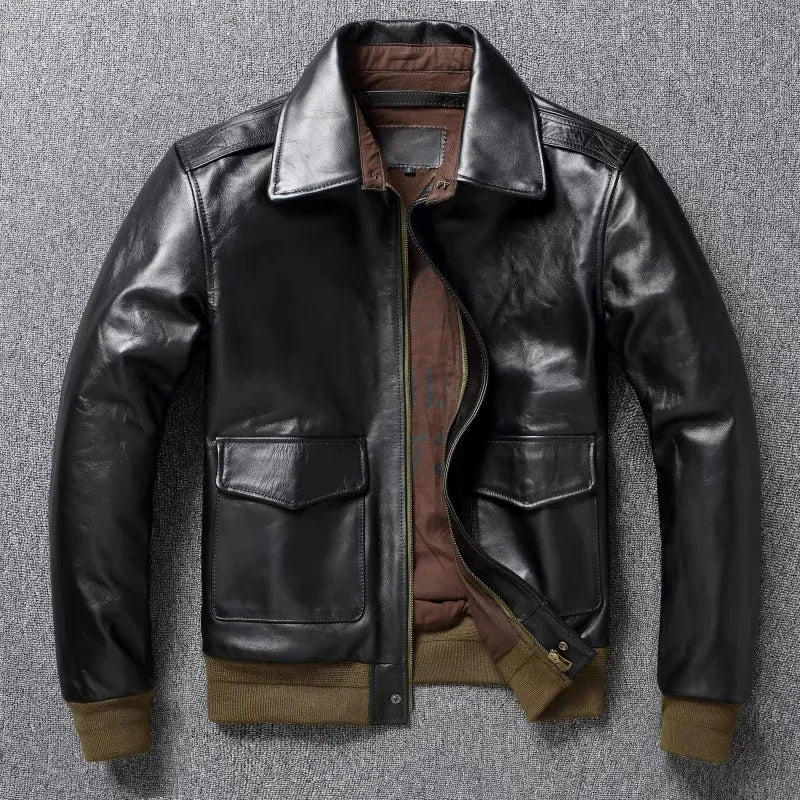 Blouson homme en cuir, col rabattu – CLEVI Paris