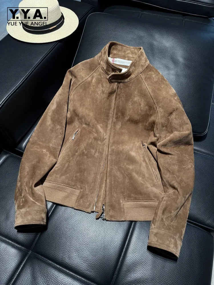 Veste homme en cuir et daim à col montant – CLEVI Paris