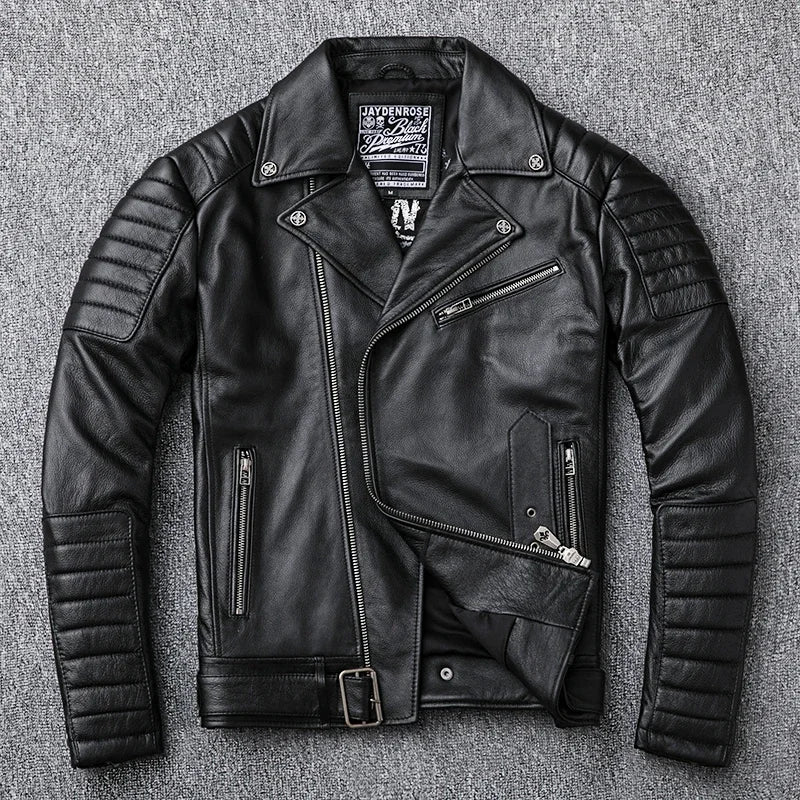 Veste biker homme en cuir noir à col rabattu – CLEVI Paris