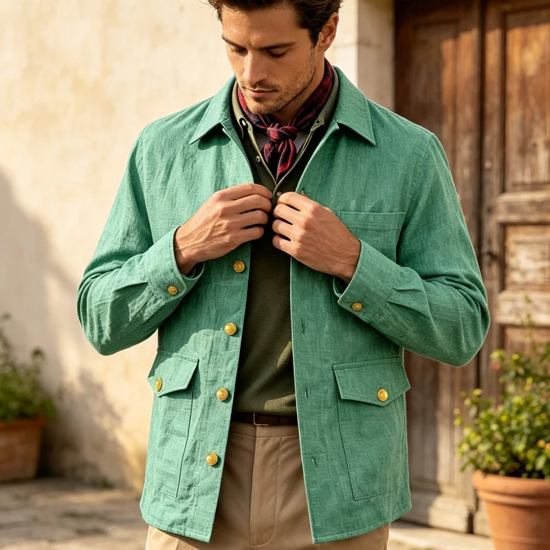 Veste homme en lin mélangé à boutons dorés – CLEVI Paris