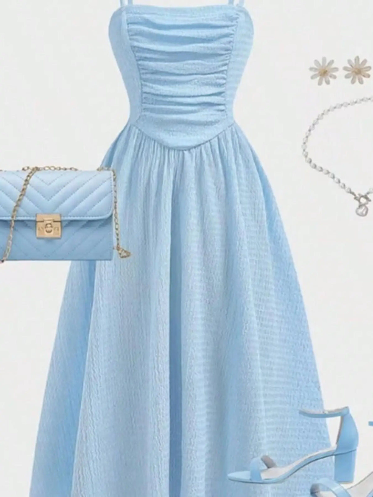 Robe ado bleue à col carré sans manches – CLEVI Paris