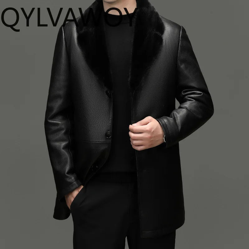 Manteau mi-long homme en cuir noir zippé – CLEVI Paris