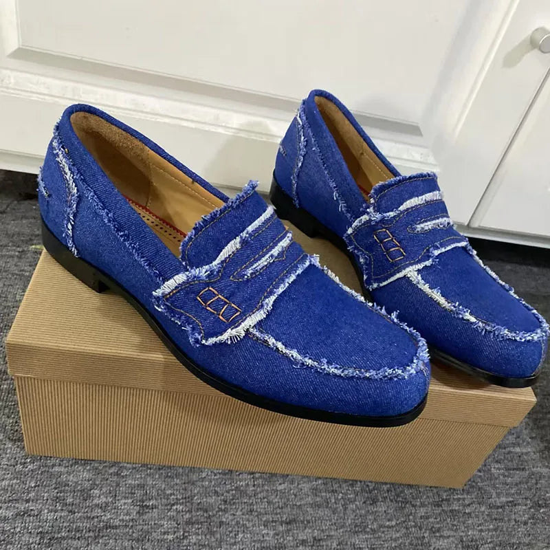 Mocassins Homme Denim Bleu Bout Pointu Glands Slip-On – CLEVI Paris