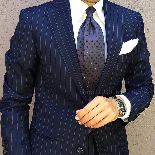 Costume 2 Pièces Homme Bleu Marine Rayures Revers Cranté Slim Fit – CLEVI Paris