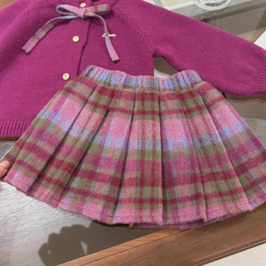 Cardigan et jupe à carreaux fille – CLEVI Paris