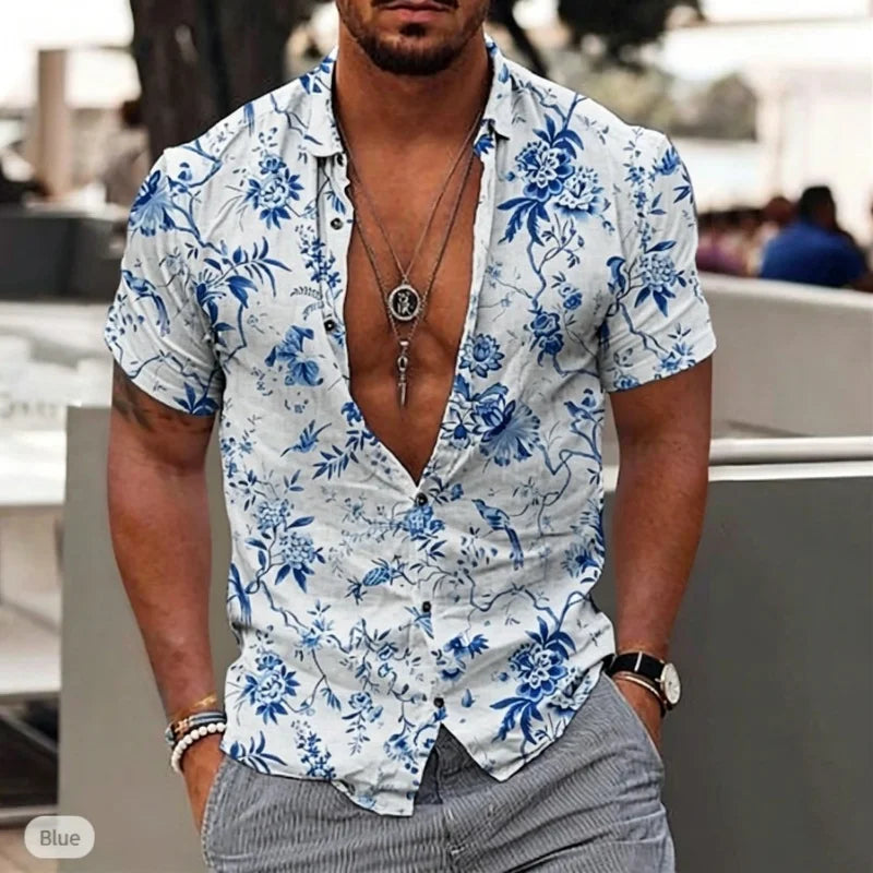 Chemise homme à motif porcelaine à manches courtes – CLEVI Paris