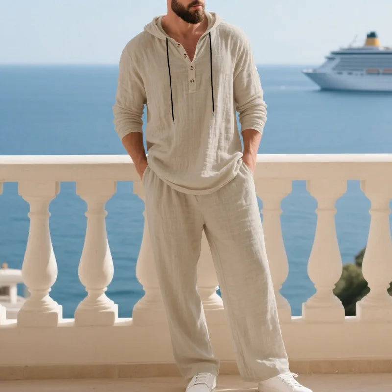Ensemble Homme Chemise Henley Lin À Capuche Manches Longues + Pantalon Casual Voyage Printemps Automne – CLEVI Paris