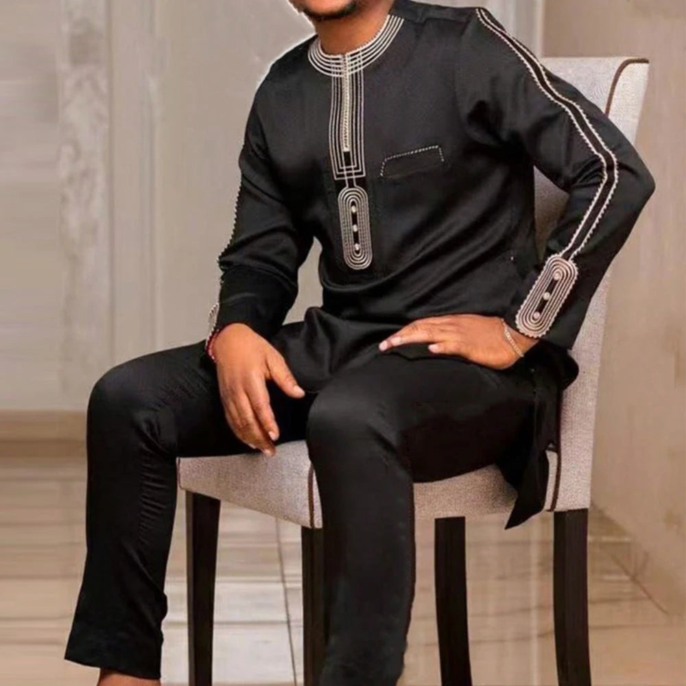 Ensemble Kaftan Homme 2 Pièces Broderie Manches Longues Col Rond + Pantalon Cordon Style Africain Mariage M-4XL – CLEVI Paris