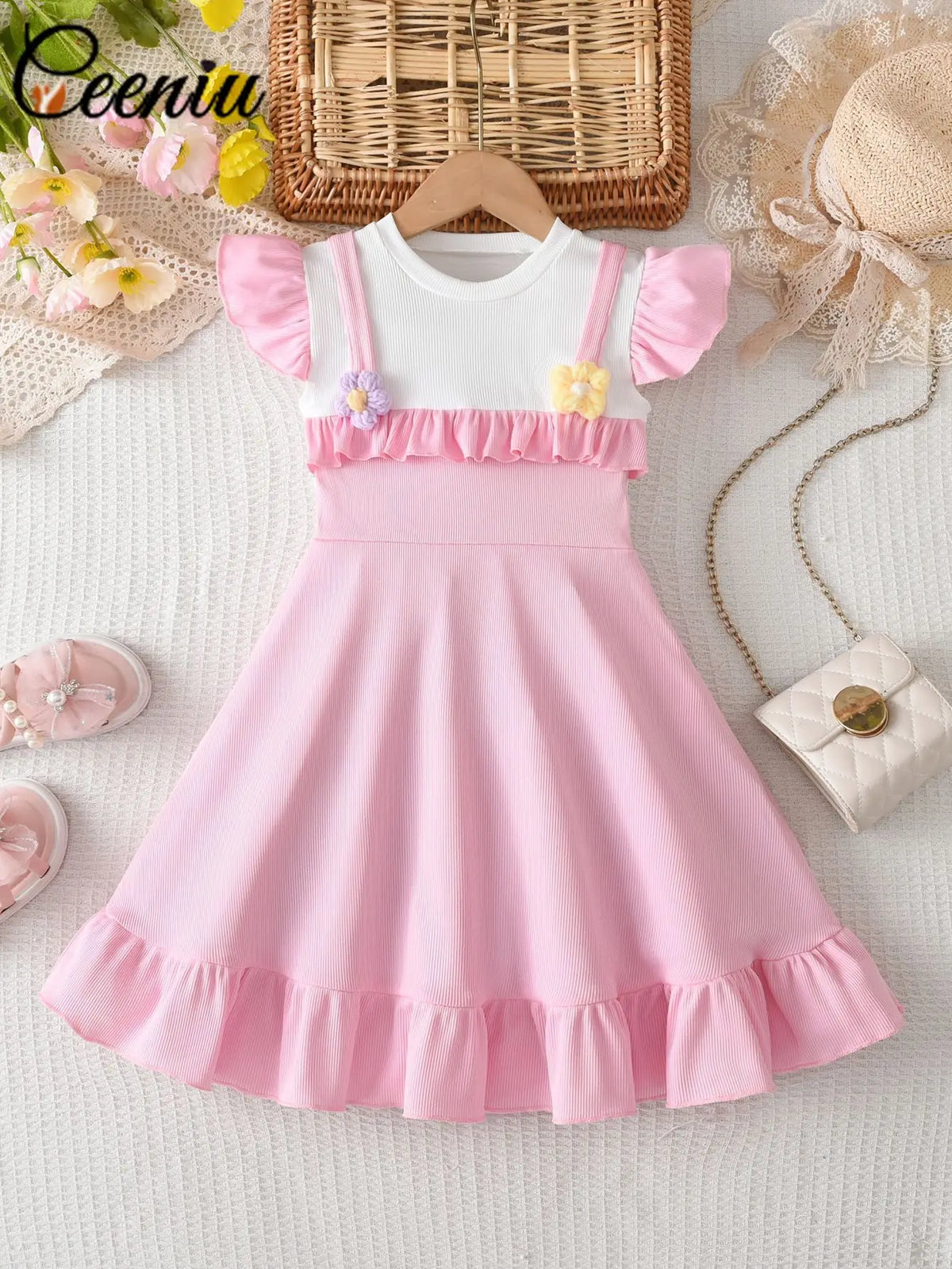 Robe fille rose à fleurs en relief – CLEVI Paris