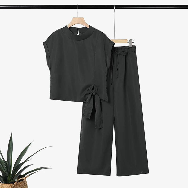 Ensemble 2 Pièces Femme Blouse Col Montant Manches Courtes Lacée + Pantalon Large Taille Mi-Haute Cordon Poches Minimaliste Casual Vert Militaire Kaki Gris Foncé – CLEVI Paris