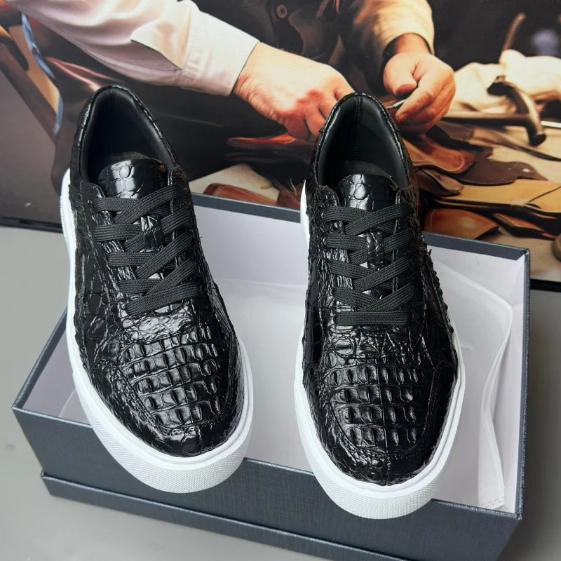Sneakers Cuir Croco Noir Lacets Croisés Homme – CLEVI Paris