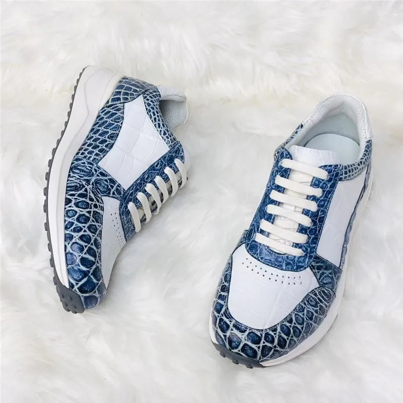Sneakers Cuir Crocodile Homme Bicolore Blanc Bleu – CLEVI Paris
