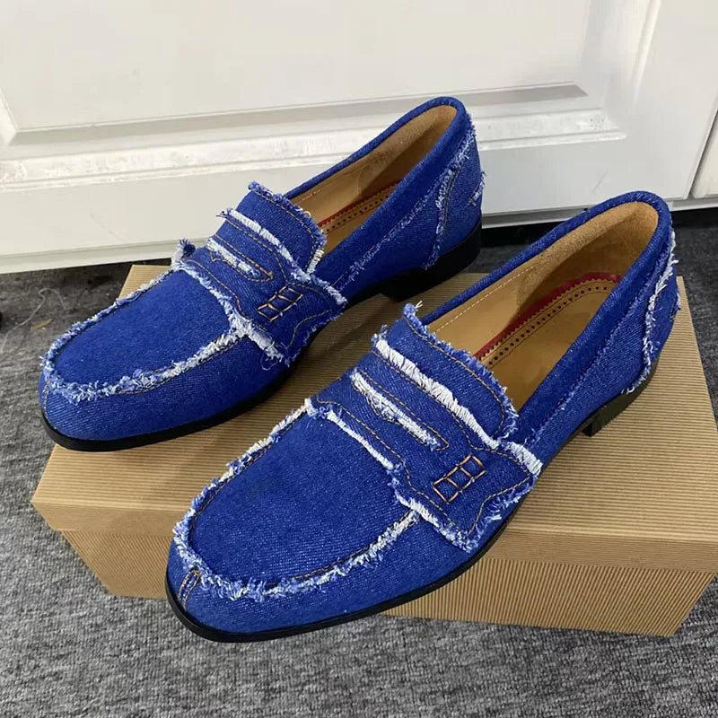 Mocassins Homme Denim Bleu Bout Pointu Glands Slip-On – CLEVI Paris