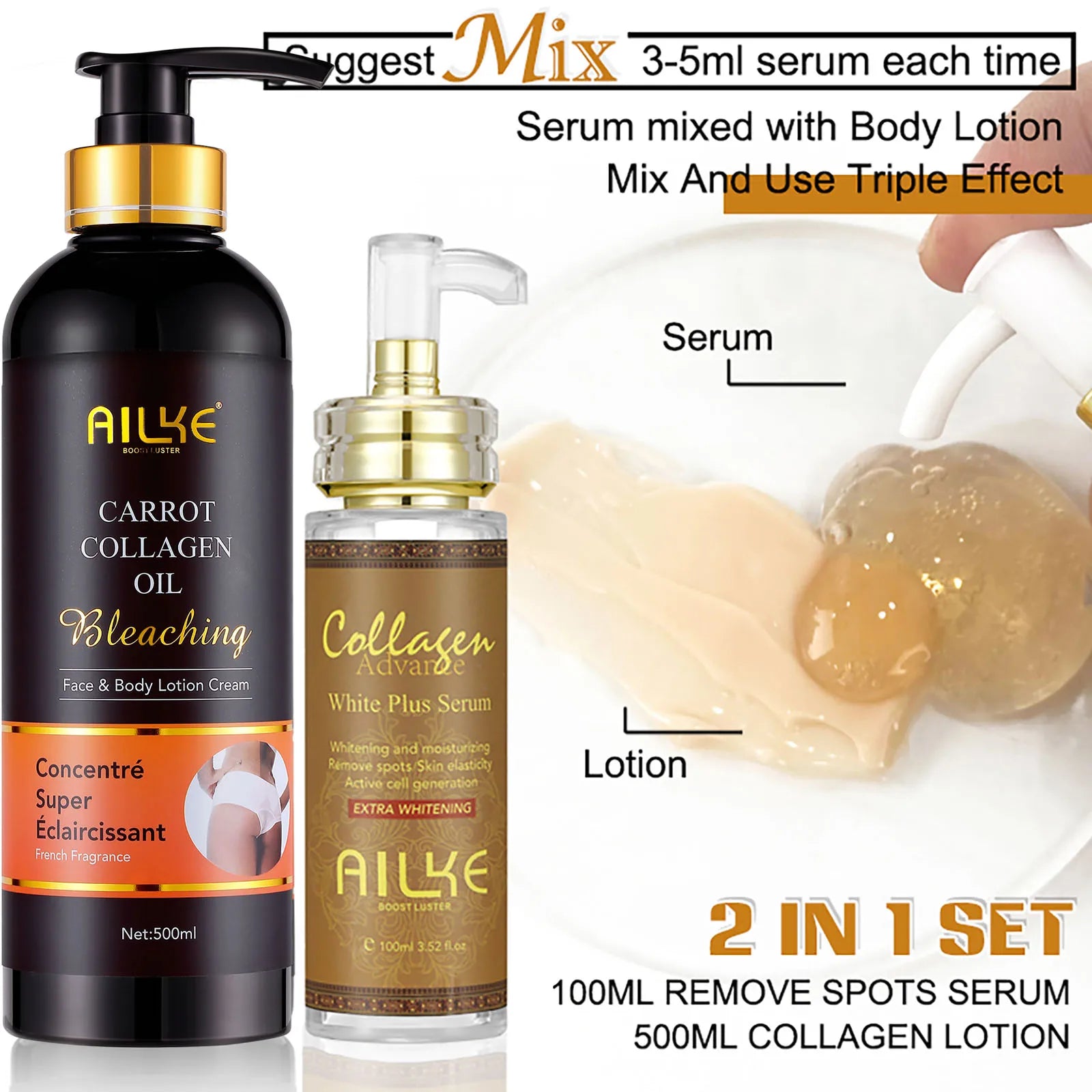 Lotion Corps Éclaircissante AILKE – Huile de Carotte, Collagène & Glutathion 500ml – CLEVI Paris