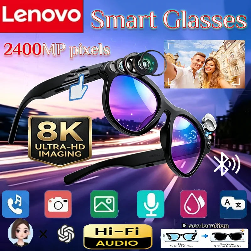 Lunettes Connectées Lenovo D12 IA Bluetooth Traduction 18 Langues Musique UV Photochromiques 37g Noir Transparent – CLEVI Paris