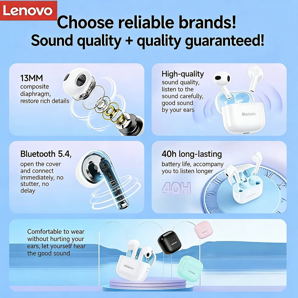 Écouteurs Lenovo LP40 Pro Bluetooth 5.1 13mm ENC IPX5 25H – CLEVI Paris