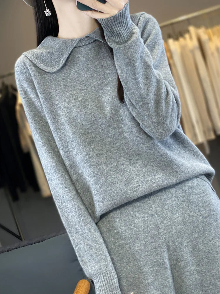 Ensemble mérinos femme, pull à col rabattu – CLEVI Paris