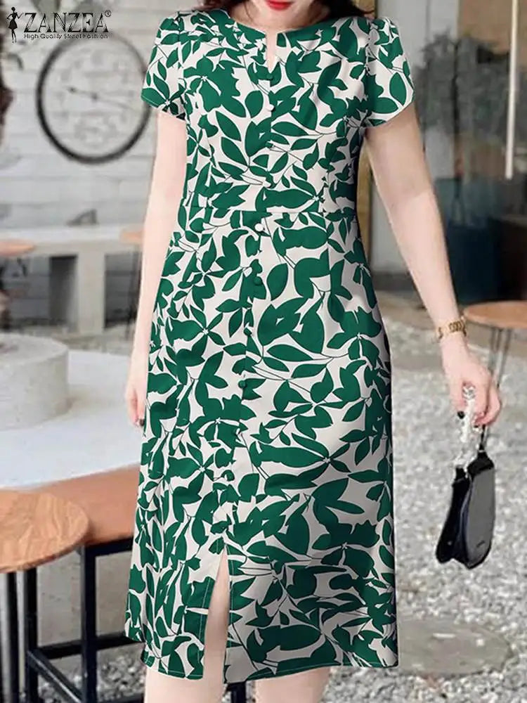 Robe Femme Col V Imprimé Feuilles Vintage Manches Courtes Fente Mi-Mollet – CLEVI Paris