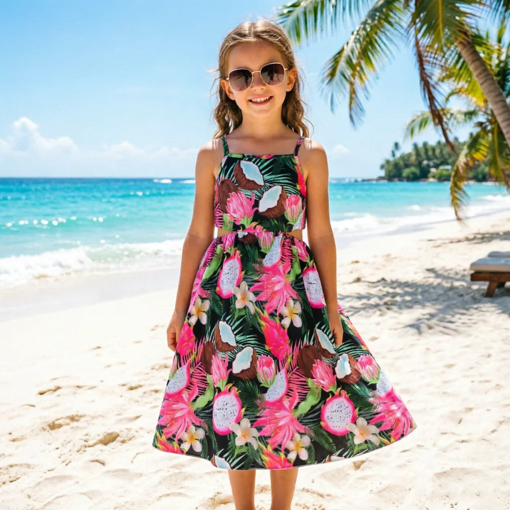 Robe fille tropicale à fines bretelles – CLEVI Paris