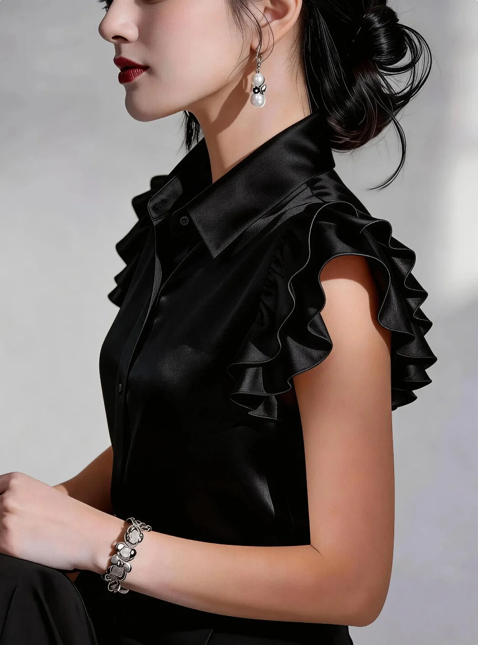 Chemise satinée à manches volantées – CLEVI Paris