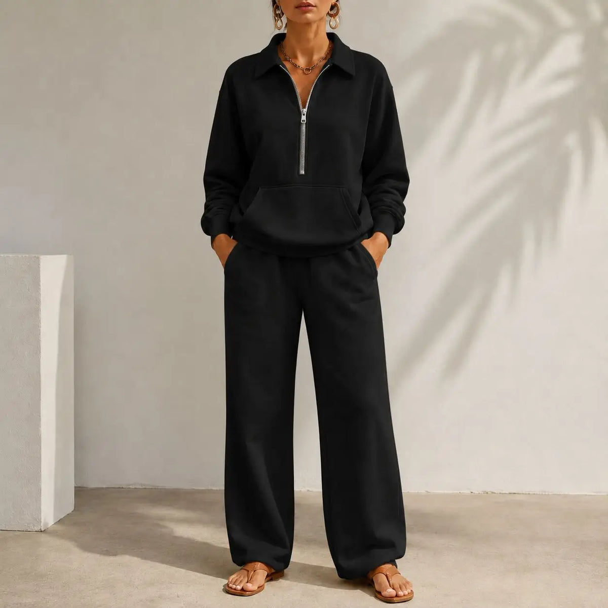 Ensemble femme sweat col zippé et pantalon large – CLEVI Paris