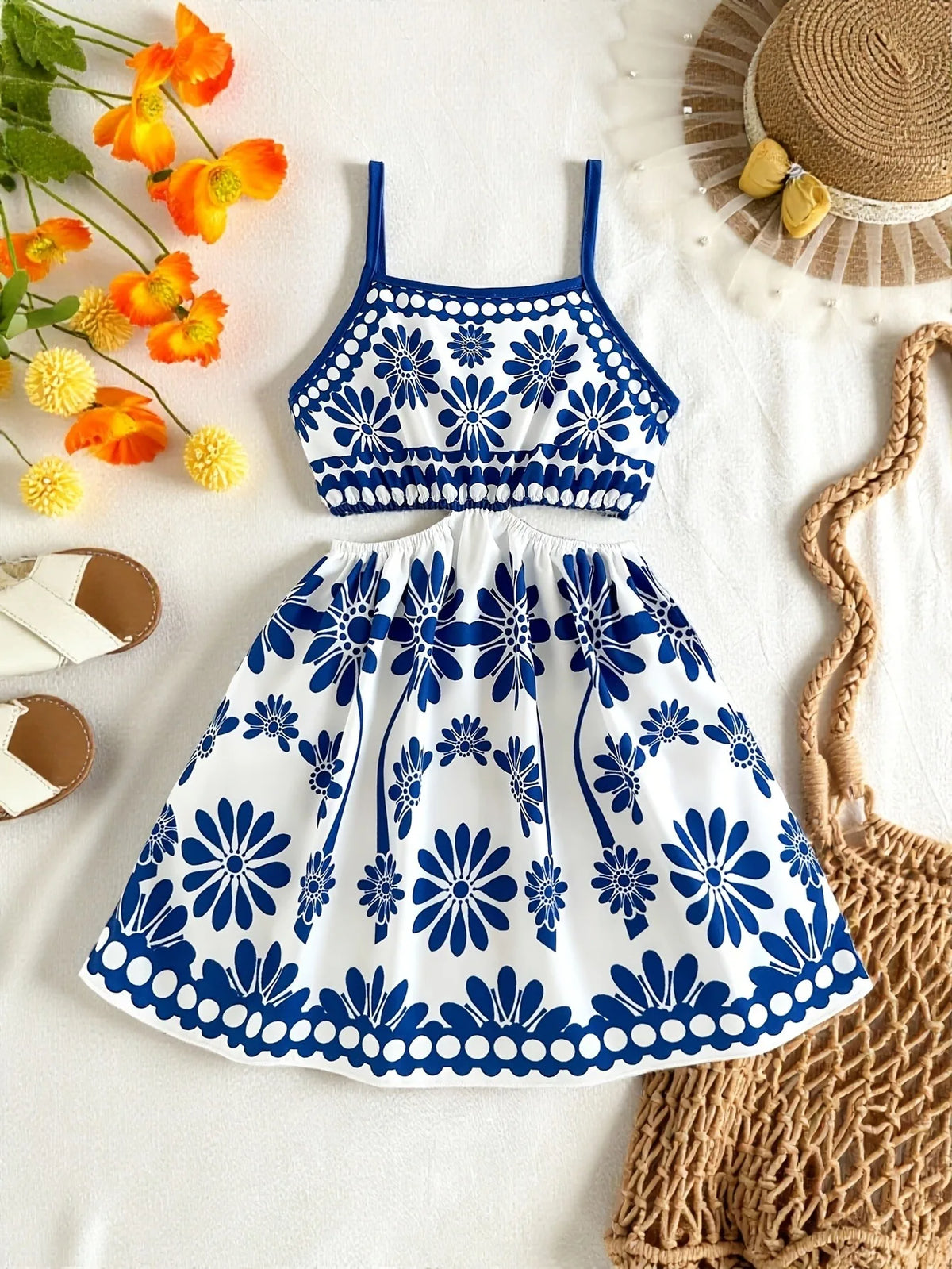 Robe fille à fleurs bleues et fines bretelles – CLEVI Paris