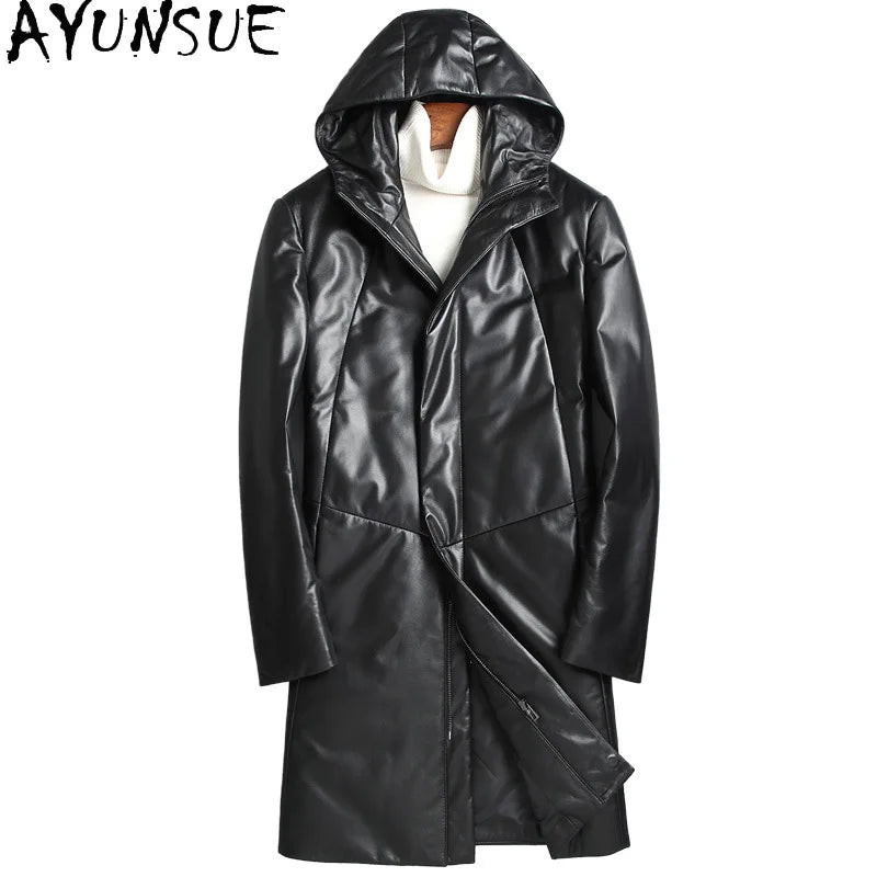 Manteau mi-long homme en cuir à capuche – CLEVI Paris