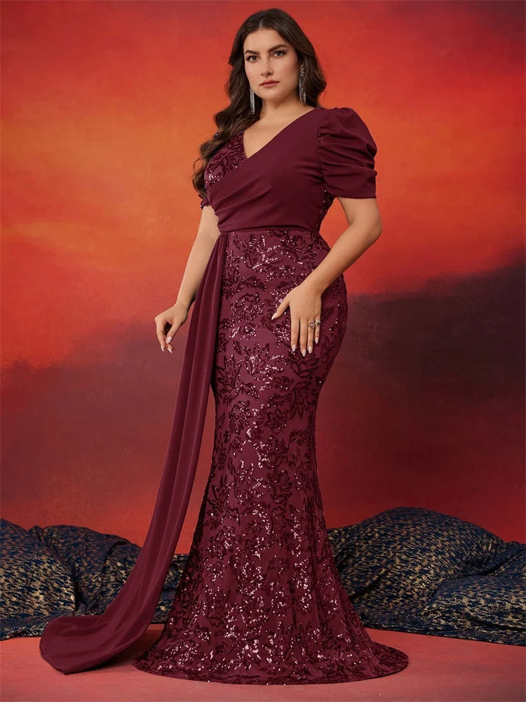 Robe de soirée sirène paillettes manches courtes – CLEVI Paris
