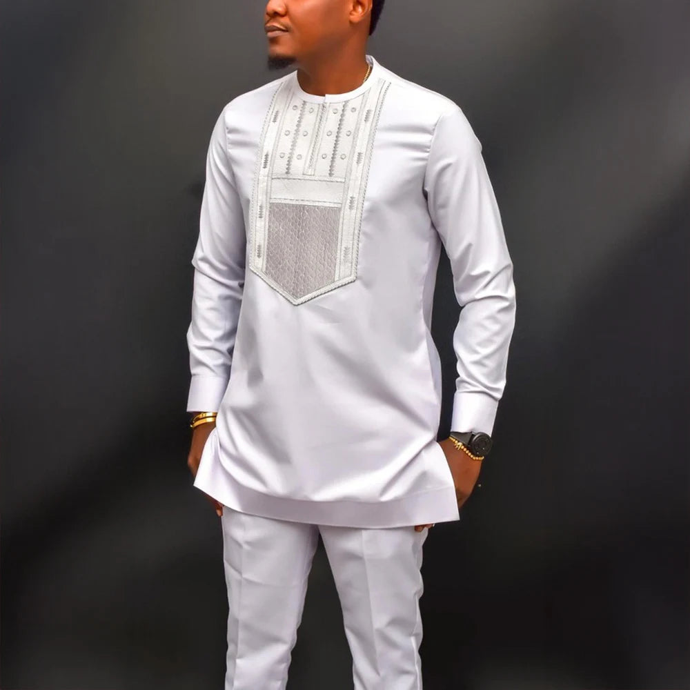 Ensemble 2 Pièces Homme Style Africain Chemise Manches Longues Col Rond + Pantalon Cordon Élégant XS-XXL – CLEVI Paris