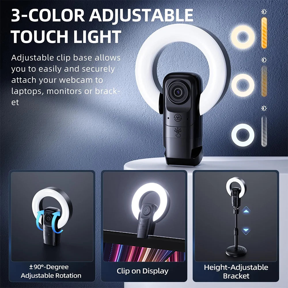Webcam 4K Streaming Ring Light LED Autofocus Zoom 9x Télécommande USB-C – CLEVI Paris