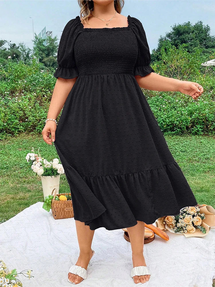 Robe Femme Grande Taille Col Carré Manches Bouffantes Nœud Dos – CLEVI Paris