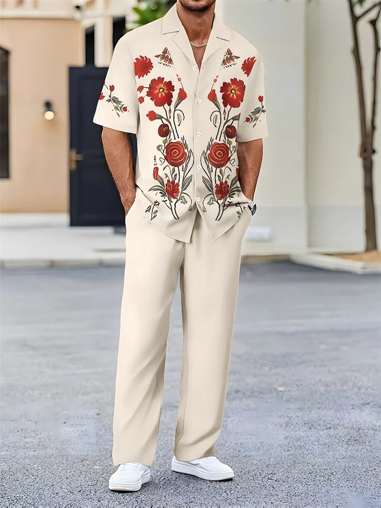 Ensemble 2 Pièces Homme Chemise Imprimée 3D Col Cranté + Pantalon Casual Voyage – 26 Motifs, S à 2XL – CLEVI Paris
