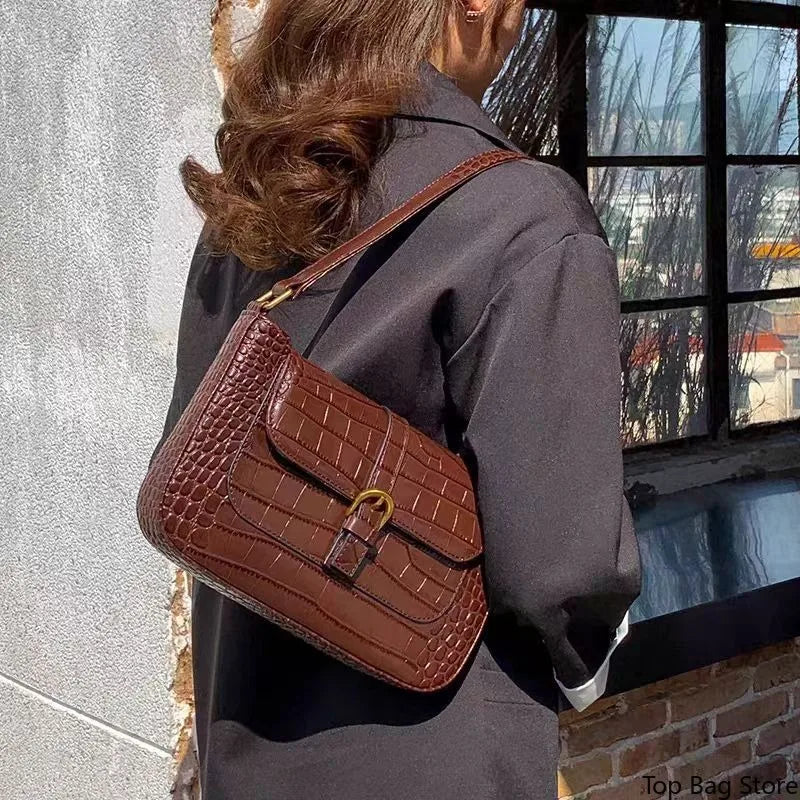 Sac Épaule Cuir Vache Motif Crocodile Femme 27x16cm Minimaliste – CLEVI Paris