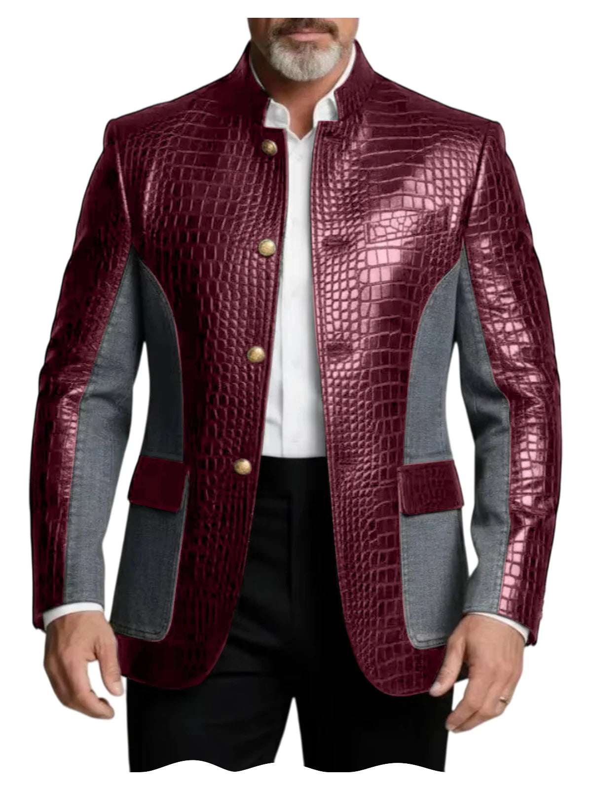 Blazer en cuir PU de luxe marron pour homme, effet croco, patchwork denim, col montant, coupe ajustée, idéal pour affaires, décontracté ou soirée