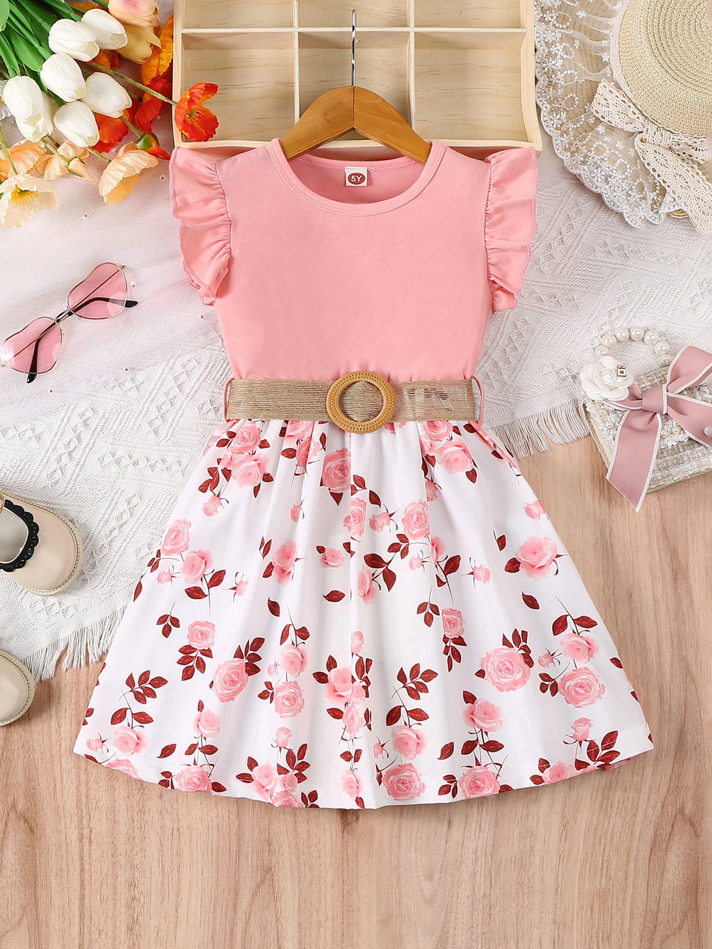 Robe fille fleurie rose avec ceinture – CLEVI Paris
