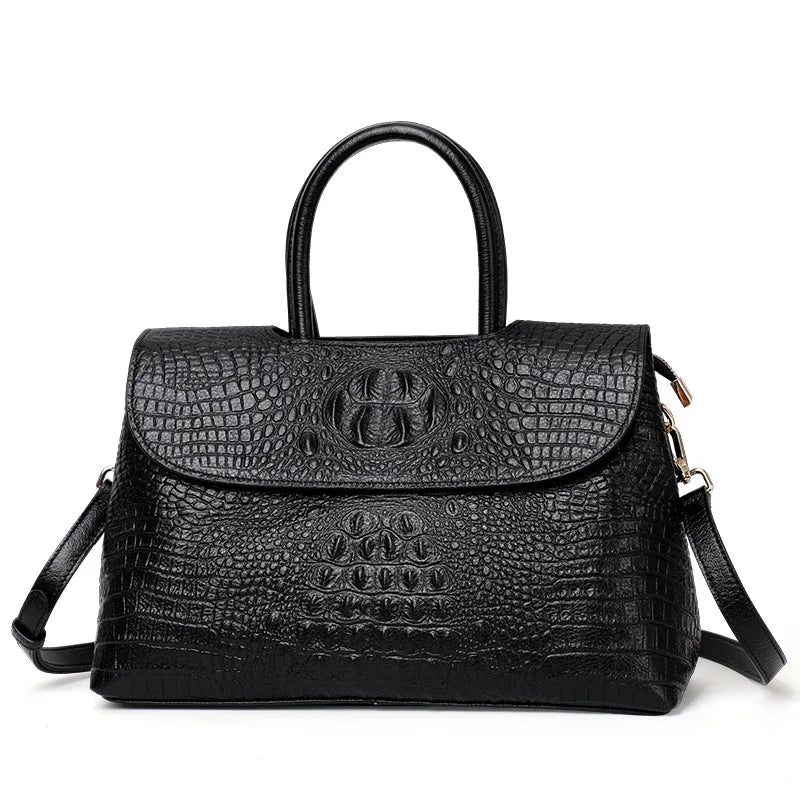 Sac Satchel Femme Cuir Véritable Croco Structuré Rabat Noir – CLEVI Paris