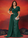 Robe de soirée sirène paillettes manches courtes – CLEVI Paris
