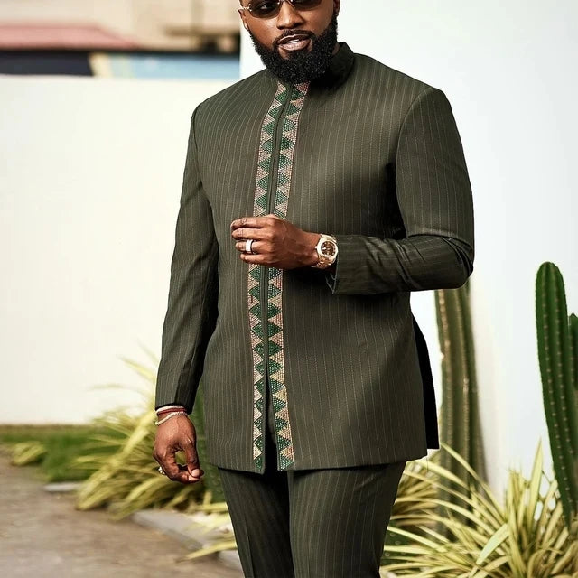 Kaftan Agbada Homme Style Africain 2 Pièces Veste Manches Longues + Pantalon Mariage Cérémonie S-XXL – CLEVI Paris