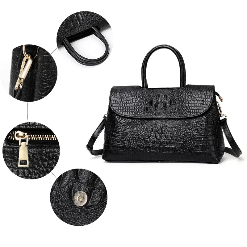 Sac Satchel Femme Cuir Véritable Croco Structuré Rabat Noir – CLEVI Paris