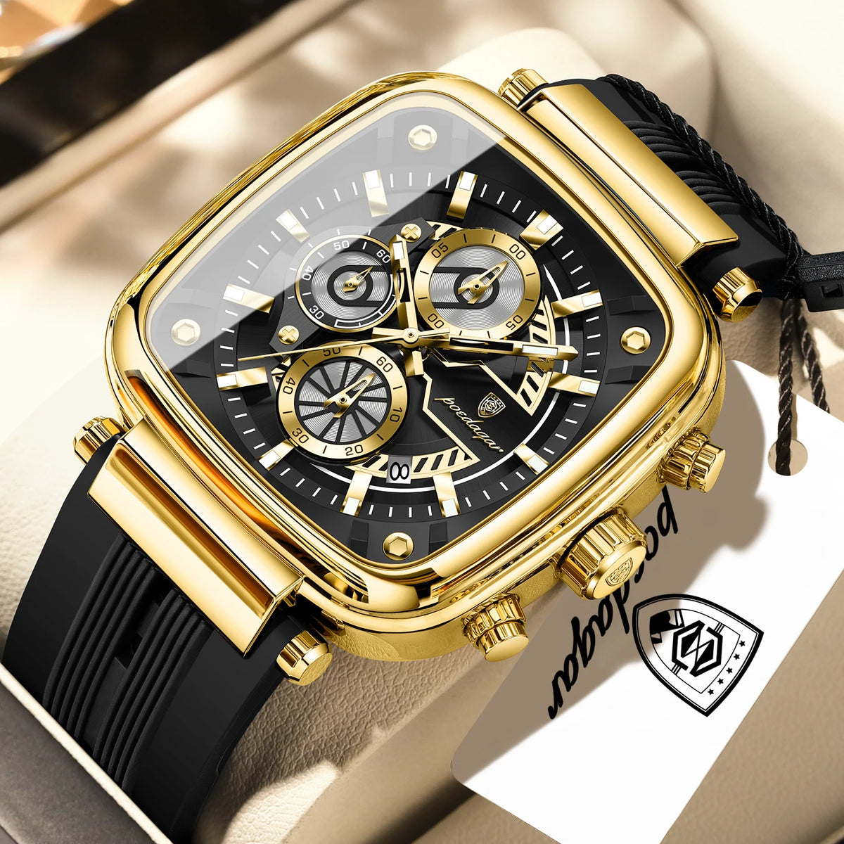 POEDAGAR 849 Montre Homme Quartz Carrée Chronographe Silicone Lumineux 30M – CLEVI Paris