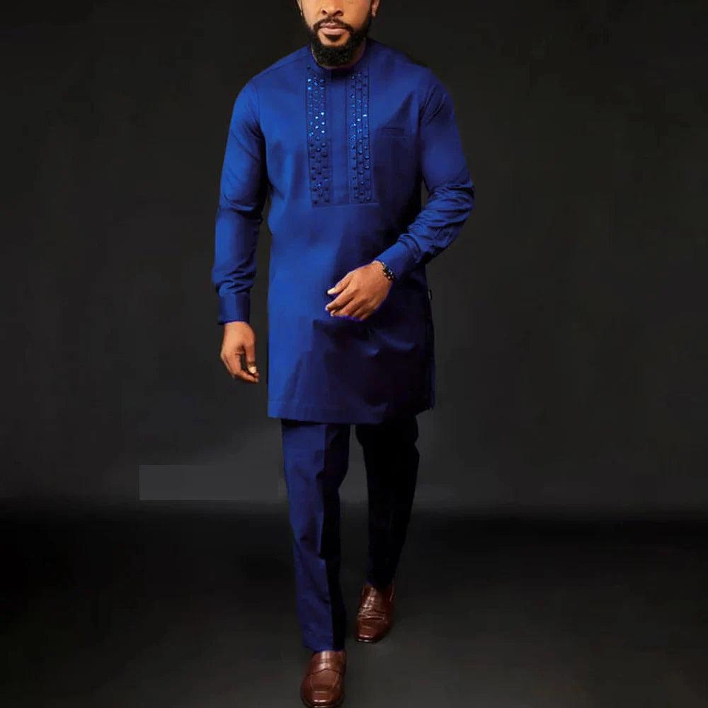 Ensemble 2 Pièces Homme Style Africain Chemise Manches Longues Col Rond + Pantalon Cordon Élégant XS-XXL – CLEVI Paris