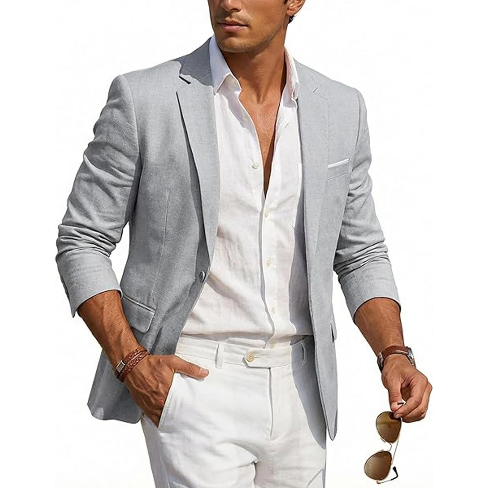 Blazer Homme Casual Lin Slim Fit Léger Un Bouton Mariage Plage – CLEVI Paris