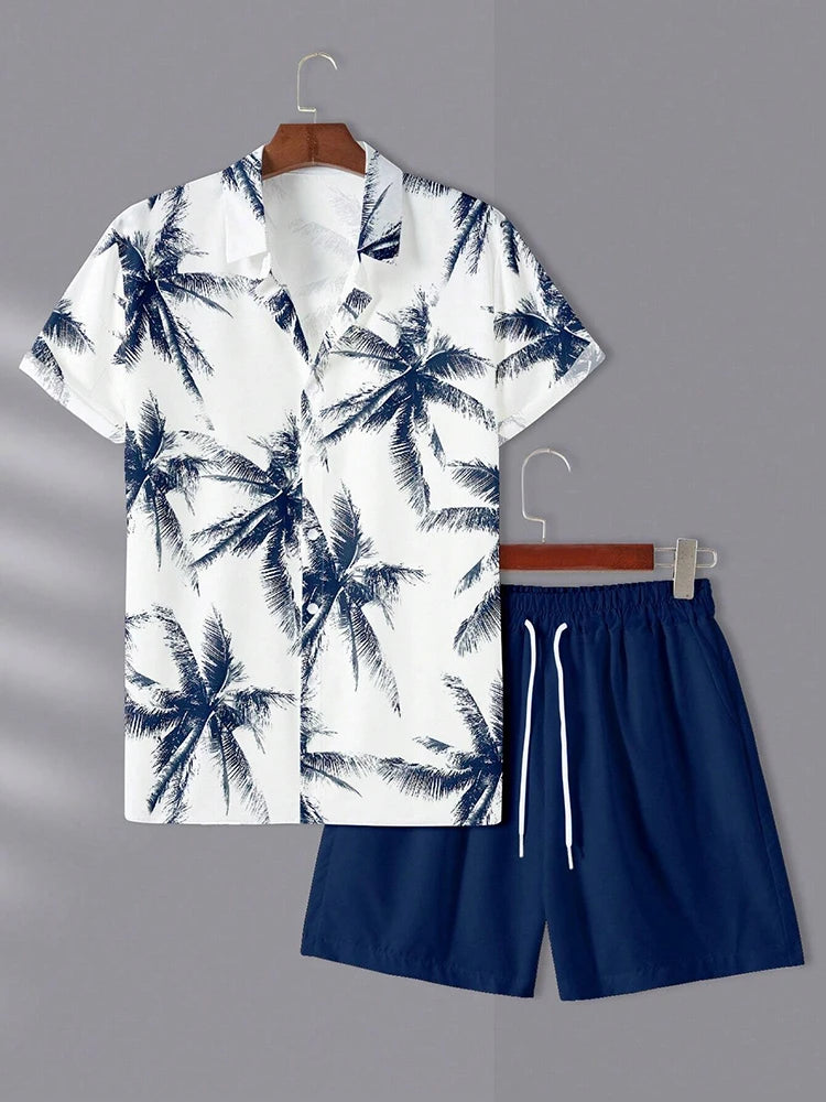 Ensemble Homme Chemise Manches Courtes Col V Imprimé 3D + Short de Plage Casual Streetwear Été – CLEVI Paris