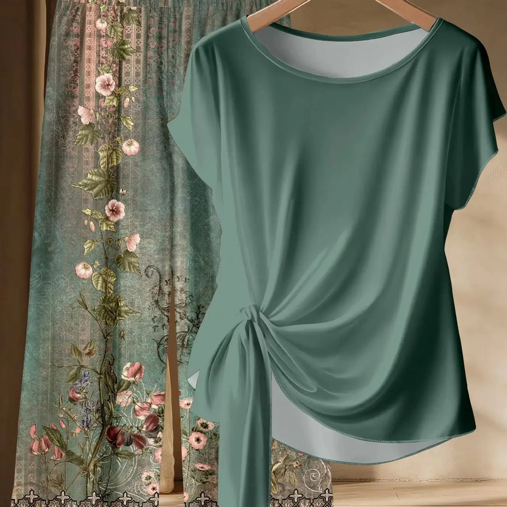 Ensemble 2 Pièces Femme Grande Taille Top Manches Courtes + Pantalon Large Floral Rétro Vert – CLEVI Paris