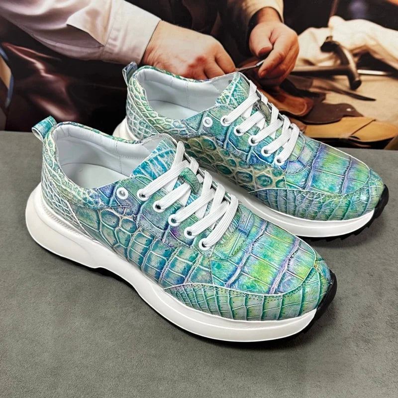 Sneakers Cuir Croco Bleu Peint Main Lacets Homme – CLEVI Paris