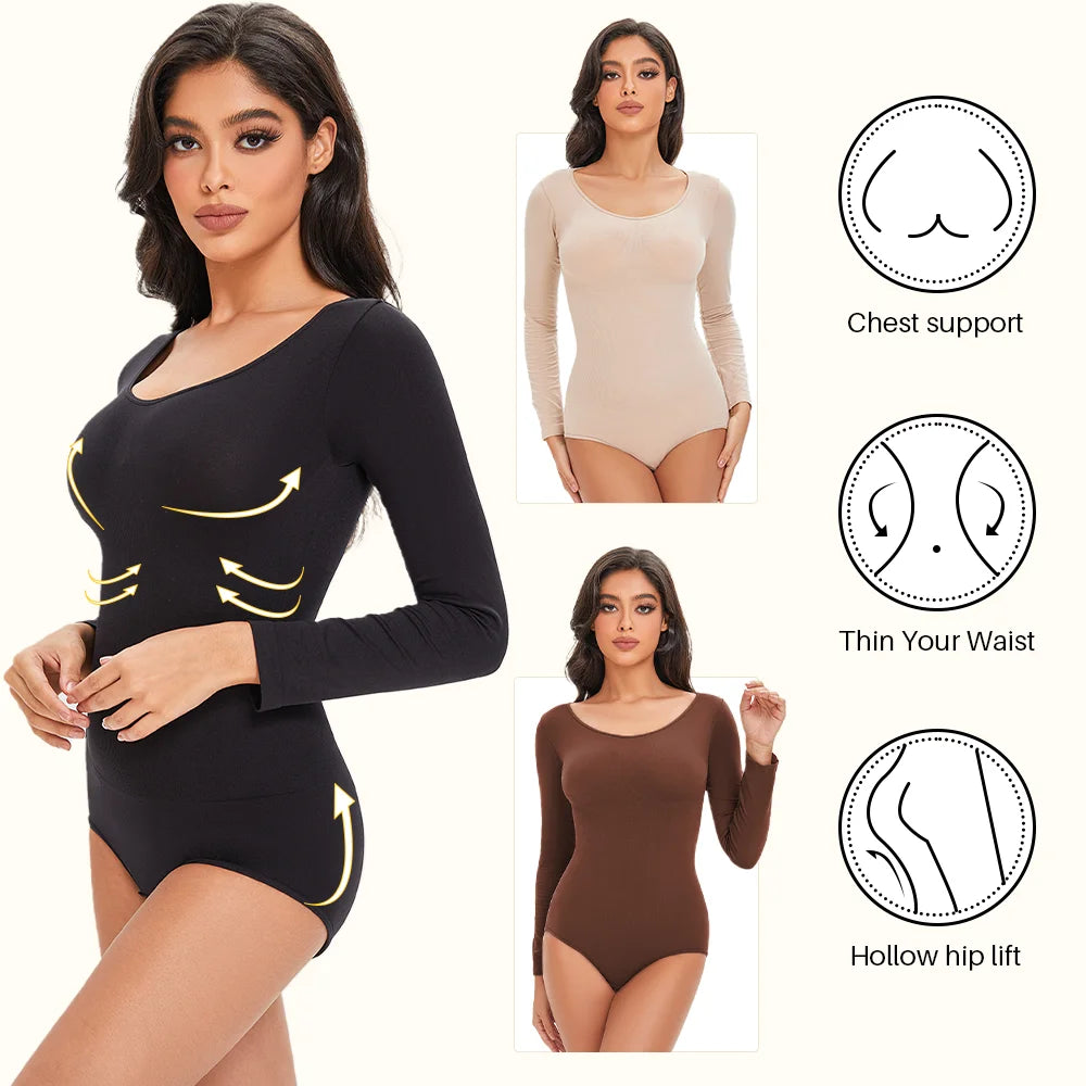 Gaine Gainante Femme Bodysuit Manches Longues Col Rond Sans Couture Contrôle Ferme Entrejambe Ouvert Minceur S-XXL – CLEVI Paris