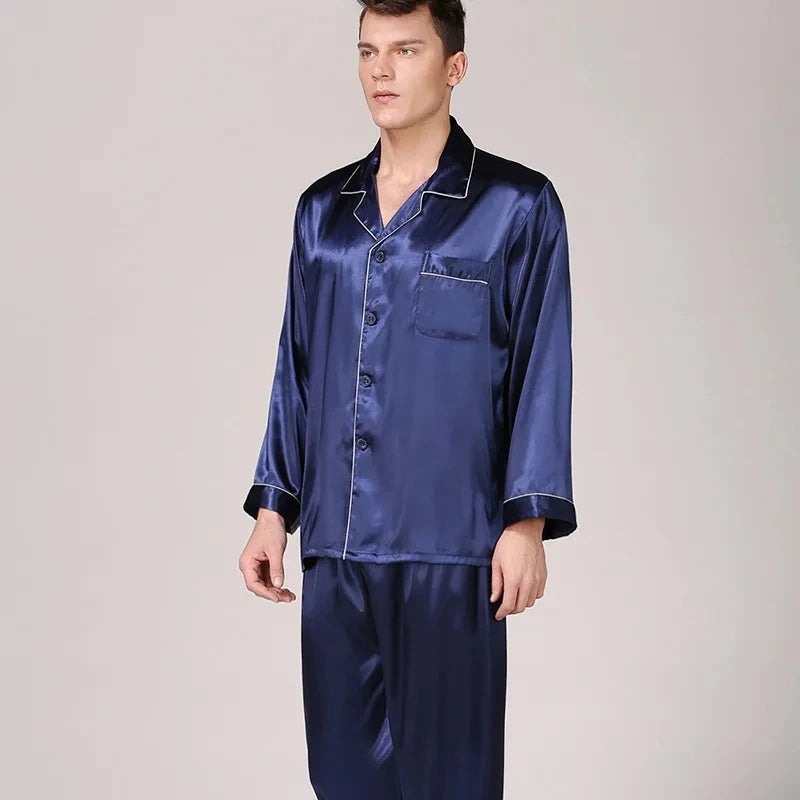 Pyjama Homme 2 Pièces Soie de Glace Satin Col Rabattu Manches Longues Style Luxe Imprimé Printemps Été – CLEVI Paris